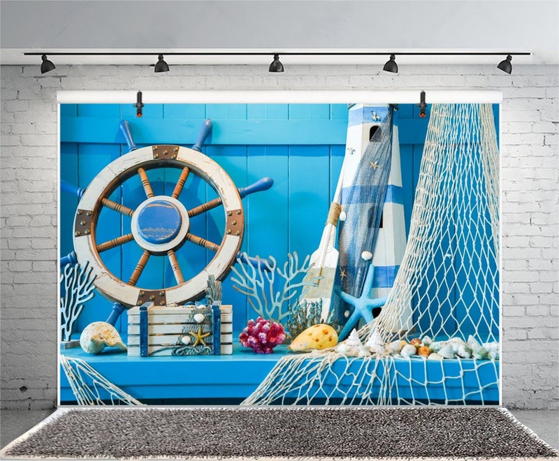 LFEEY 7x5ft Blue Wooden Wall Nautical Birthday Backdrop Seashells Sailing Ship Wheel Helm Fishing Net Starfish Summer Party Photography Background for Events Videos YouTube Photo Studio Props - Image 4